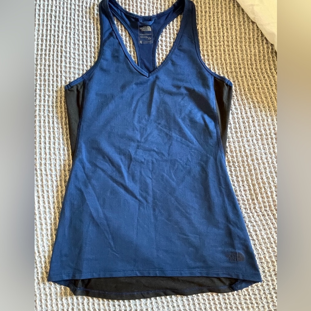 North face hiking razor back tank, blue/black, size S, EUC.